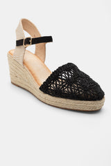 Black flower lace wedge sandal