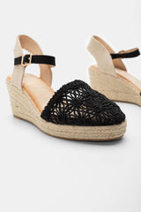 Black flower lace wedge sandal