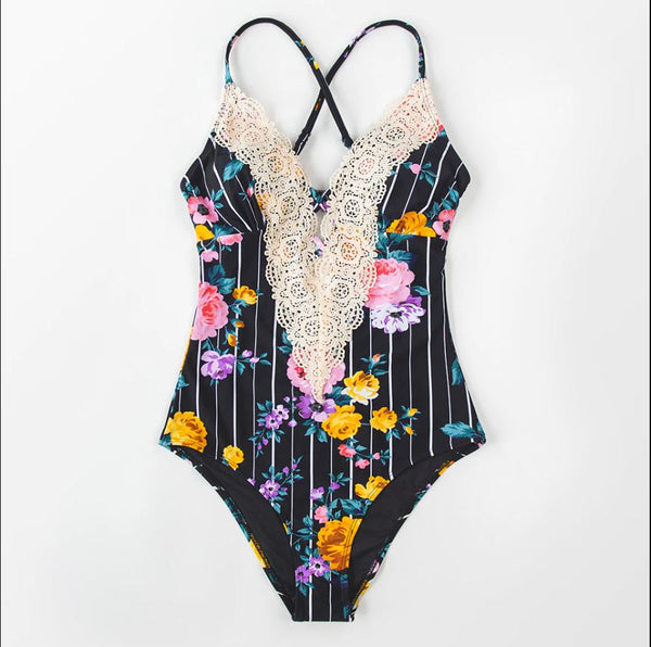 Striped Lace Print Swimsuit